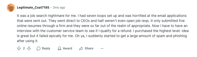 Crítica en Reddit de LoopCV - Pesadilla